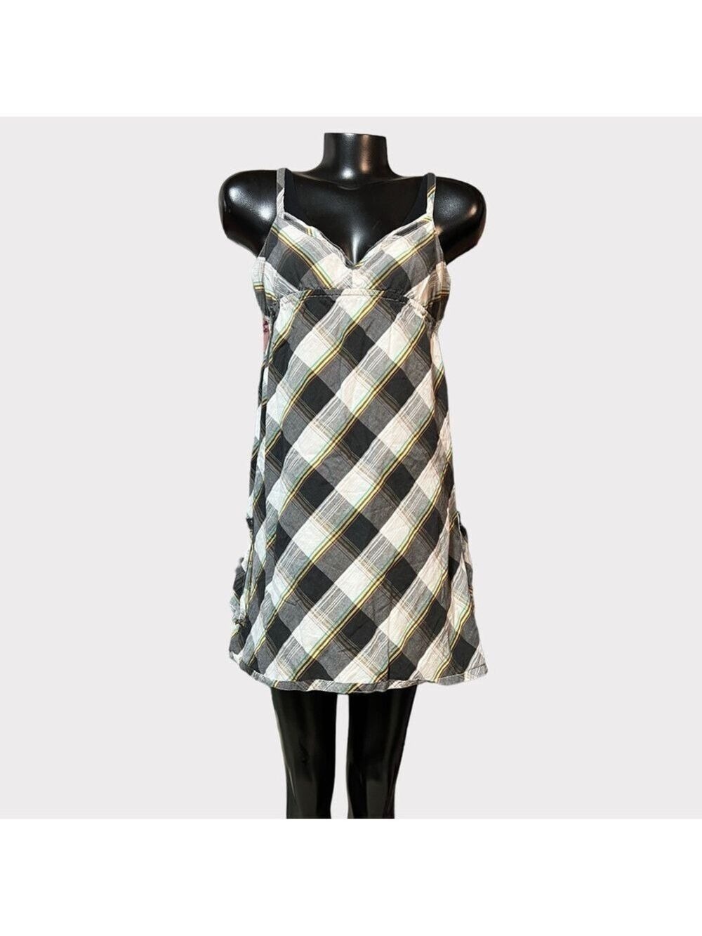 62 Vintage 90's Roxy Plaid Mini Dress Pockets Womens Medium Black White Auction